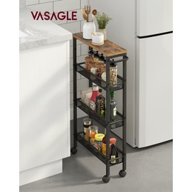 VASAGLE Slim Rolling Cart, 4-Tier Narrow Storage Cart with Handle, 5.1 Inches Deep, Metal Frame, for Kitchen, Dining Room, Living Room, Home Office, Rustic Brown and Classic Black ULRC032B01V1