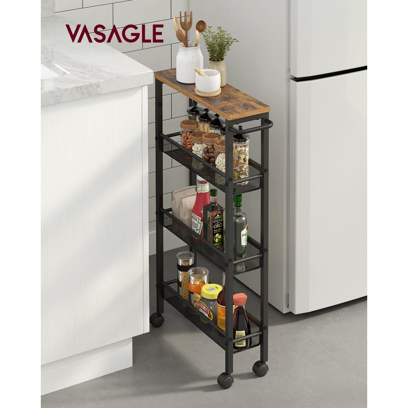 VASAGLE Slim Rolling Cart, 4-Tier Narrow Storage Cart with Handle,