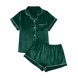 LILLUSORY Silk Satin Pajama Set for Women 2 Piece Lounge Pjs Shorts Matching Summer Sleepwear Button Down Shirt Shorts Green M