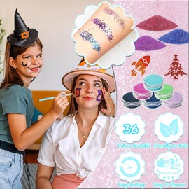 Glitter Tattoo Set Girls Temporary Tattoo Children 36 Temporary Tattoo Kit, Glitter Tattoos Children's Set, 222 Stencils, 5 Brushes, 3 Glues, Waterproof Tattoos for Parties