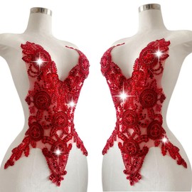 ESOSZNUA Pure Handmade Bodice lace Rhinestones Applique Sewing Stones Beads Crystal Trimming Patches Accessories for Girl Weding Dress Decorations 12.5X21inches (Red)