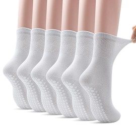 DECOVICI Non Slip Yoga Socks for Women, Non-binding Pilates Socks with Grips for Ladies, Grippy Socks with Loose Top for Swollen Feet 6 Pairs(White)