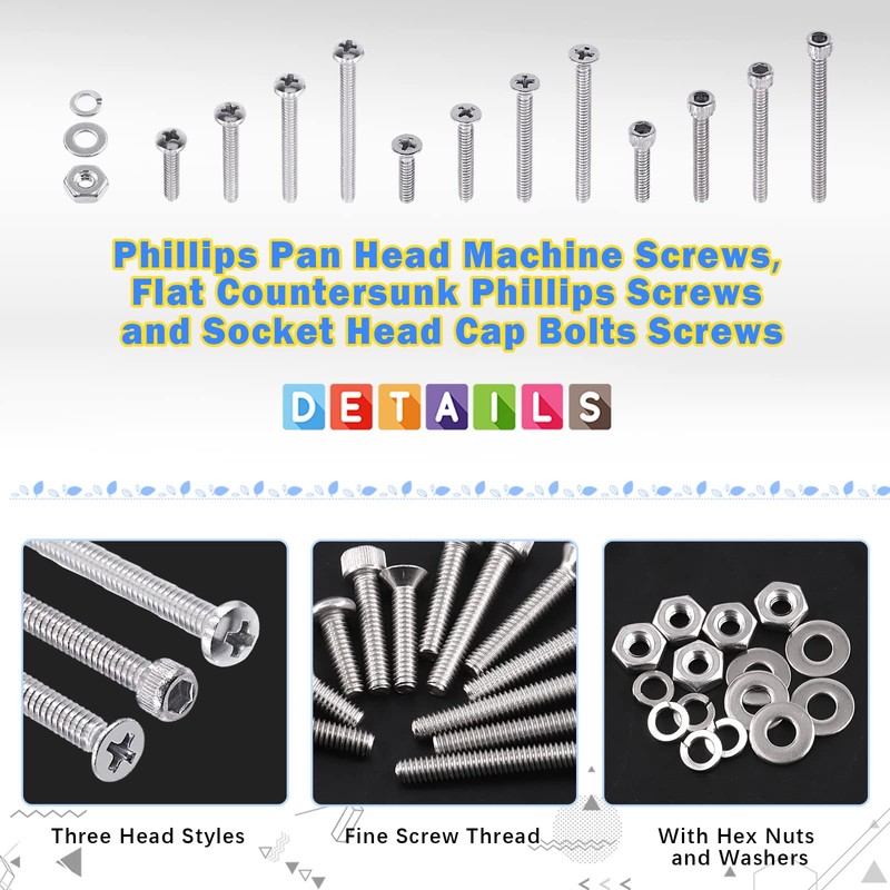 Glarks 384Pcs #8-32 Phillips Pan Head Screws Countersunk Head Screws