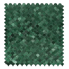 Green Peel and Stick Backsplash Fish Scale Tile, Self Adhesive Brushed Metal Backsplash High-Low 3D Textured Stick on Wall Tiles for Kitchen Bathroom (6 Sheets)