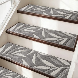 JSEI Stair Treads for Wooden Steps with 3D Leaf Pattern, 14 Pack 9" X 28" Carpet Stair Treads Non-Slip Indoor with TPE Backing, Machine Washable Stair Runners for Kids Elders and Pets, Grey