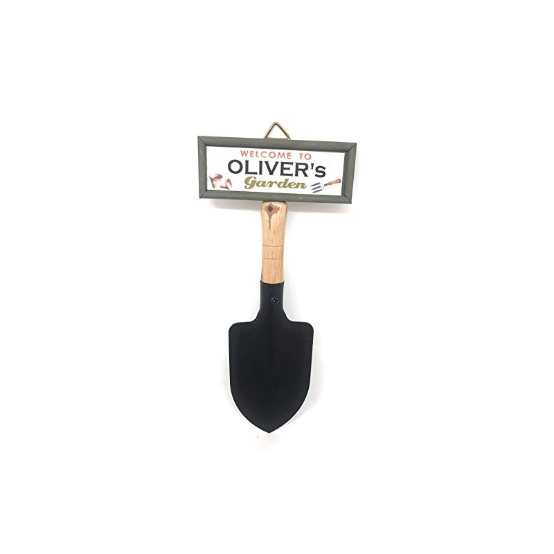 "Welcome to Oliver's garden" hanging shovel sign