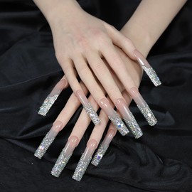 ArtiPrint Extra Long Nude Press on Nails with Rhinestone, Reusable Stick-On Manicure Set, Handmade Craft, Long-Lasting, Trendy Glamour Nails for Women (N007, M)