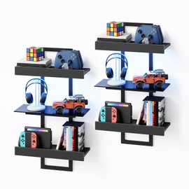 MAHANCRIS Led Gaming Floating Shelves Set of 2, 3-Tier Wall Mounted Shelf, Hanging Display Rack with Laser Pattern, E-Sports Decor Shelf with Glass for Gaming Room, Bathroom, Black FSHS90K01S2