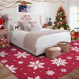 RUGSREAL Christmas Rug Washable Area Rugs 4x6 Rug for Living Room Non Slip Entryway Rug Soft Non Shedding Throw Rugs Stain Resistant Room Decor Carpet for Dining Room Snow|Red 4'x6'