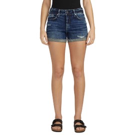 Silver Jeans Co. Women's Suki Mid Rise Short, Distressed Dark Indigo, 30