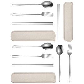 3 Set Portable Cutlery Set with Case Include Fork Spoon Chopsticks, Portable Travel Utensil Set, Reusable Stainless Steel Camping Utensils Set, Lunch Cutlery Set for Work School (Silver)