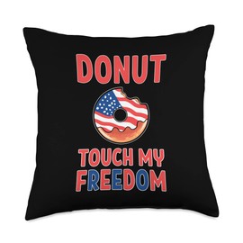 Glazed Doughnut Maker Donut Lover Proud American Donut Touch My Freedom Doughnut Themed America Flag USA Throw Pillow, 18x18, Multicolor