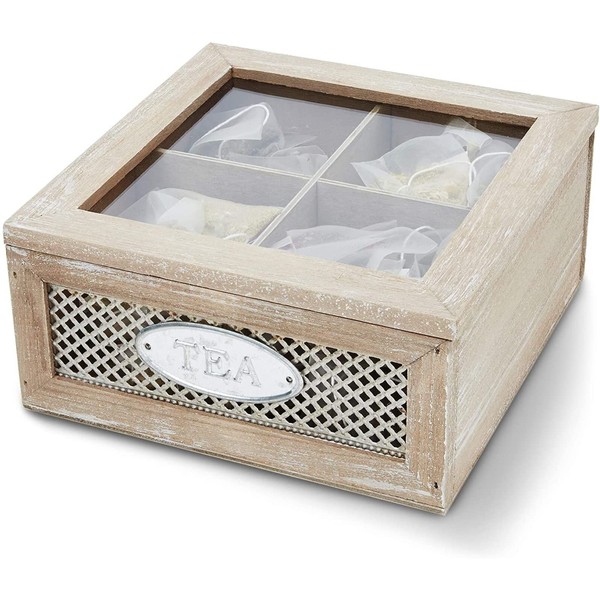 Rustic Wood Tea Storage Box with Clear Lid 4 Compartments (17.8 x 17.8 x 7.6 cm)