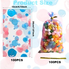 100PCS Pink Dot Cellophane Treat Bags 7.9x4.8 inches - Plastic Gift Bags with 100 Gold Twist Ties, Blue Pink Dot Printed Pattern for Birthday Parties, Baby Showers, Weddings, Party Favors