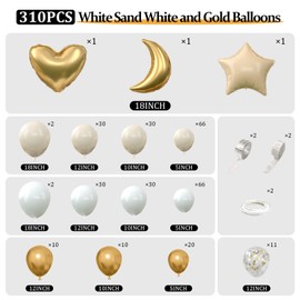 310pcs White Sand Gold Balloons Garland Arch Kit, Different Sizes 5/10/12/18in White Gold Confetti Balloons for Boho Wedding Baby Bridal Shower Engagement Anniversary Birthday Decorations Backdrop