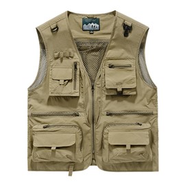 Gihuo Men's Lightweight Casual Vest Outdoor Work Fishing Zipper Travel Vest (US, Alpha, Small, Regular, Regular, Khaki)