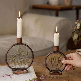 NIKKY HOME Nature Dried Flower Taper Candle Holders Set of 2, Vintage Decorative Metal Candlesticks Round Frame with Glass Centerpieces Decor for Dining Room Table Wedding Party Mantle Fireplace