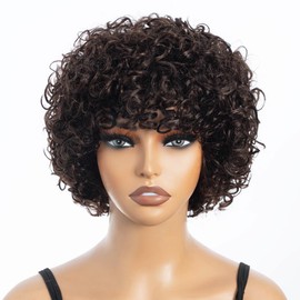 JOEDIR HAIR short curly human hair wig with bangs for black women short curly glueless wig 150% density (Dark Brown, #4)