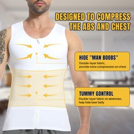 PODFAN Mens Compression Zipper Vest,Gynecomastia Tummy Control Shirt,Back Support Shapewear Slimming Undershirt(White,3X-Large)