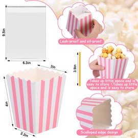 Geyoga 200 Pcs Pastel Pink Popcorn Boxes and Clear Treat Bag Set 3 x 4 Inch Open Top Pastel Pink and White Striped Paper Popcorn Boxes Containers with Treat Bags for Party Favor Supplies