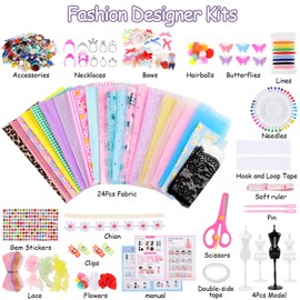 Tikplus Fashion Designer Kits for Girls, Kids Sewing Kit Ages 8-12, 4 Models, 24 Colors DIY Doll Clothes, Arts and Crafts Making Kit for Kids Age 9 10 11 12+, Dress Up Art Gifts