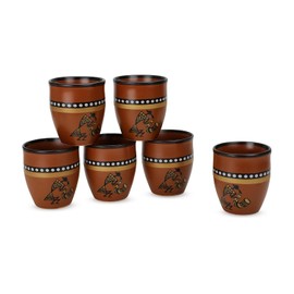 Handmade Ceramic Tea Cups Set – 6 Desi Kulhad Chai/Coffee Cups (5 oz Capacity), Lead-Free, Dishwasher & Microwave Safe, Glazed, Glossy finish Clay Tea Cups/kulhar/kullar - Brown Color