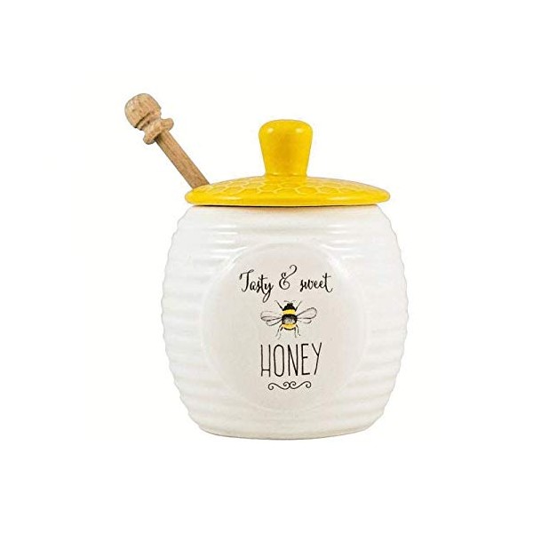 English Tableware Company Bee Happy Tasty and Sweet Honey Honey Pot with Wooden Dipper