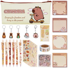 LHOEST Capybara Pencil Case with Stationary 48Pieces Capybara Stationery Set for Girls Boys Kids Erasable Gel Pens Capybara Stickers Cute Pencil Case Animal Stationary Kawaii Capybara Keyring Keychain