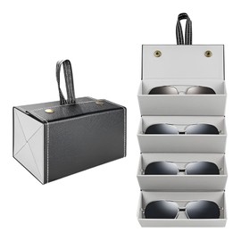 WUMUZAI Travel Sunglasses Organizer 4 Compartments Travel Glasses Case Multiple Pairs PU Leather Sunglasses Holder Hanging Foldable Glasses Case Portable Glasses Storage Box, 4 Slots Black