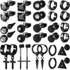 XINNSTAR Men Earrings Set of 15, Black Earrings for Men Stainless Steel Set Hypoallergenic Cross Dangle Hinged Earrings Set Gifts for Men Women Fashion Jewelry Fathers Day Gift