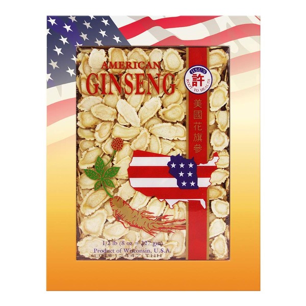 Hsu's Ginseng SKU 126LL-8 | Medium Sorted Slices | Cultivated Wisconsin American Ginseng Direct from Hsu's Ginseng Gardens w/One Free Single American Ginseng Tea Bag | 许氏花旗参人工花旗參 中號規格片 8oz Box, 西洋参