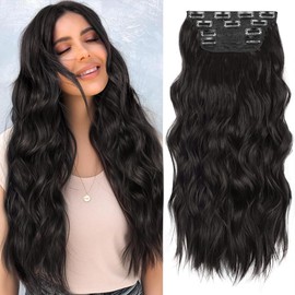 ALXNAN Clip in Long Wavy Synthetic Hair Extension 20 Inch Natural Black 4PCS Thick Hairpieces Fiber Double Weft Hair for Women