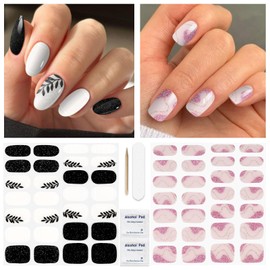 DUKASOU Semi Cured Gel Nail Strips, (Black Leaves,Gilded Pink) 56 Pcs Gel Nail Wraps Stickers, Works with Any UV/LED Lamps,Long Lasting,Salon-Quality, Easy to Apply