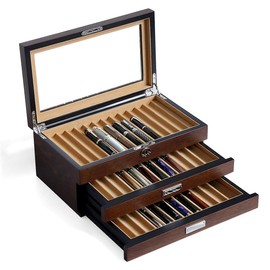 Bonaking Pen Display Case with 36 Pen Slots, Fountain Pen Case, Wood Pen Storage Organizer, Pen Box Display for Men Gift, Pen Display Box with Glass Window(Brown ash Veneer Finish, Camel Velvet)