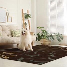 Ottomanson 5' x 6'6" Rugs for Living Room Leaves Area Rug for Bedroom - Non Slip Durable Large Floor Carpet for High Traffic Areas - Indoor Rug for Dining Room Kitchen Kids Playroom, Brown