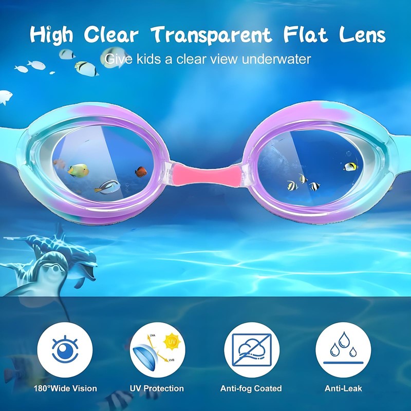 Rainbow Iridescent Swimming Goggles with Protective Case, Mirrored Lenses, Adjustable