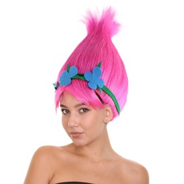 HPO Colorful Pointy Princess Troll Cosplay Costume Wig with Blue Flower Crown | Capless Cap Design to fit all head.