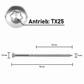 Terrace Screws 5.0 x 90 - 100 Pieces - Hardened Stainless Steel, ETA Approval, TX 25 with Friction Part, Cut Tip
