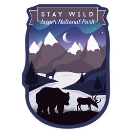Die Cut Sticker Jasper National Park, Canada, Northern Lights, Night Scene, Stay Wild, Bear and Mountain Silhouette, Contour Vinyl Sticker 1 to 3 inches (Waterproof Decal for Cars, Water Bottles, Laptops, Coolers), Small