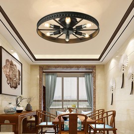 RustyVioum Industrial Wagon Wheel Chandelier 6 Lights, Rustic Flush Mount Ceiling Light Fixture, Retro Ceiling Lamp Hanging Lamp for Kitchen Island Dining Room18 Inch Black,(Bulb Not Include)