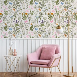 VEELIKE Wildflowers Floral Peel and Stick Wallpaper Vintage Floral Wallpaper 17.7''x354'' Removable Botanical Floral Wallpaper Mural Self Adhesive Vinyl for Bathroom Bedroom Nursery Walls Cabinets