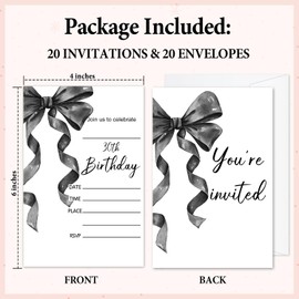 Zyoge Bow Black Birthday Invitations, 20 Set Double-Sided Blank Invites Cards & Envelopes For Woman Friends, Birthday Party Favor Supplies -card11