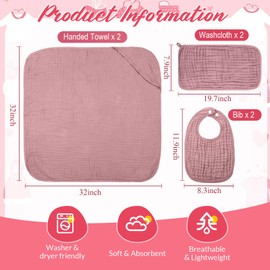 Hahafelt 6 Pcs Muslin Hooded Bath Towels Washcloths and Bibs Set, Muslin Cotton Baby Towels Absorbent Hooded Blanket Towel Infant Bibs for Boys Girls Newborn Infant Essentials(Pink,Rose)