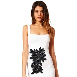 letsinstyle Embroidery Sequin Floral Applique, Rhinestone Pearl Sew on Patches Black Beaded Sequins Appliques, Polyester Flower Iron on Patches for Wedding Evening Dress DIY Manual Accessories