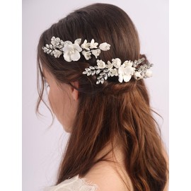 Teyglen Flower Bridal Hair Pins Crystal Pearl Bride Wedding Hair Accessories Floral Flower Rhinestone Hair Piece Decorative White Flower Hair Pins for Women (Silver)