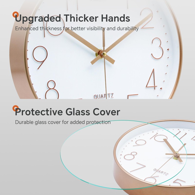 VIKMARI Rose Gold & White Silent Wall Clock Decorative for