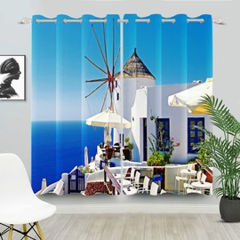 DORCEV Blue Seaside Scenery Blackout Window Curtains European Greece Landscape Romantic Holiday Building Window Treatment Santorini Landmark Kitchen Bedroom Living Room Drapes,42x84 inch,2 Panels
