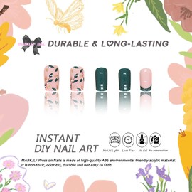 Green Press on Nails Medium Square French Tip Fake Nails Glitter Full Cover Gold Leaves False Nails with Designs Glossy Glue on Nails Acrylic Nails Manicure Artificial Nails for Women Girls 24Pcs