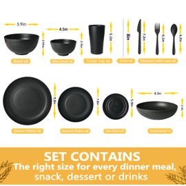 Teivio 88-Piece Kitchen Plastic Wheat Straw Dinnerware Set, Service for 8, Dinner Plates, Plates and Bowls Sets,Pasta Bowls,Cups, Flatware, Dishwasher Safe, Unbreakable Outdoor Camping Dishes, Black