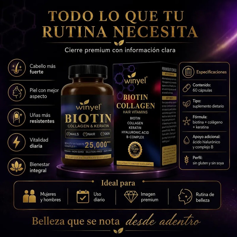 Biotina Colágeno Queratina Ácido Hialurónico 60 Cápsulas